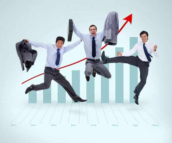 Businessmen jumping against a graphical presentation — Stock Photo, Image