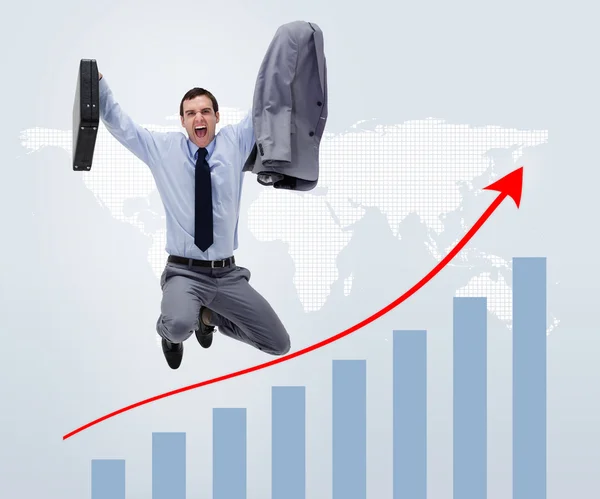 Businessman jumping above graphical presentation — Stock Photo, Image