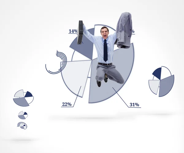 Businessman jumping against a graphical pie in background — Stock Photo, Image