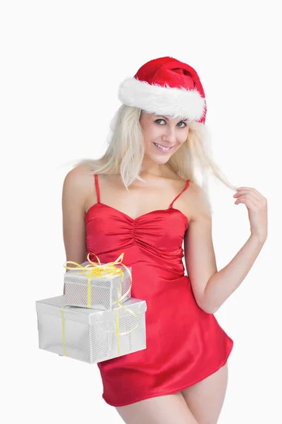 Mujer feliz celebrando regalos de Navidad — Foto de Stock