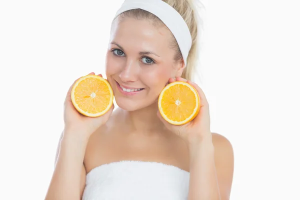 Beautiful woman with sliced orange — Stock Photo, Image