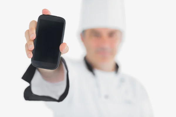 Szef kuchni, wyświetlanie smartphone — Zdjęcie stockowe