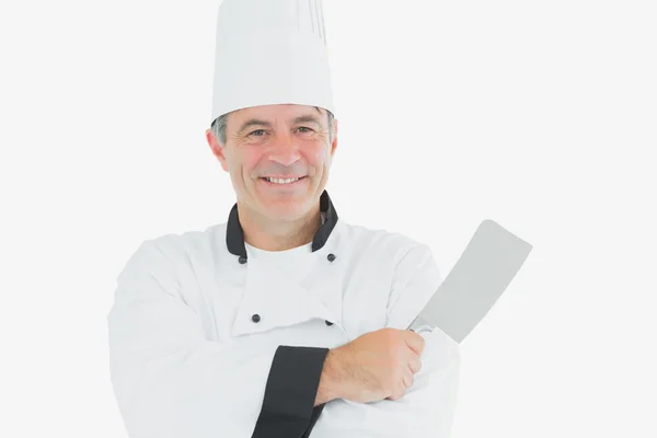 Happy chef holding kitchen knife — Stock Photo, Image