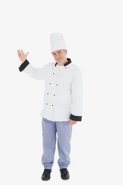 Älterer Koch zeigt etwas auf Weiß — Stockfoto
