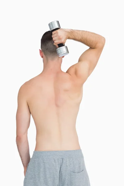 Rear view of young man exercising with dumbbell — Stock Photo, Image
