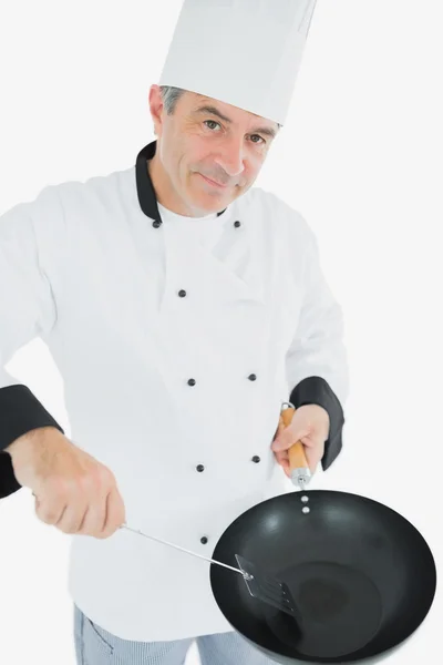 Chef con spatola e padella — Foto Stock