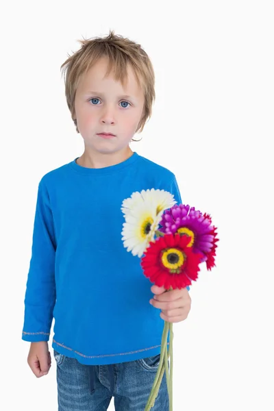 Aranyos kisfiú kinyújtotta virágok portréja — Stock Fotó