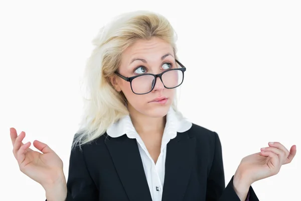 Young business woman gesturing do not know sign — Stock Photo, Image