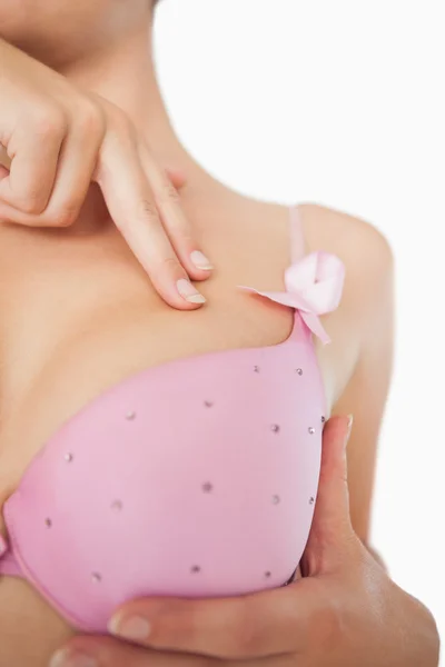 Extreme close-up of woman performing self breast examination — Stock Photo, Image