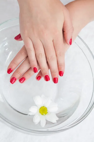 Ongles peints en rouge avec fleur dans un bol — Photo