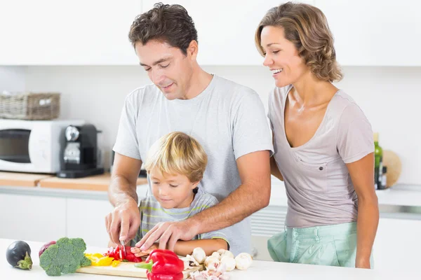 Mother watching father teaching son to chop vegetables — Stock Photo, Image