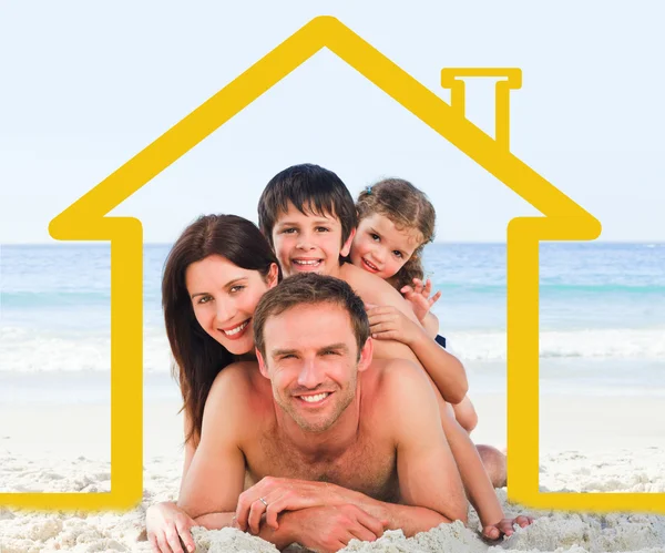 Family on the beach with yellow house illustration — Stock Photo, Image