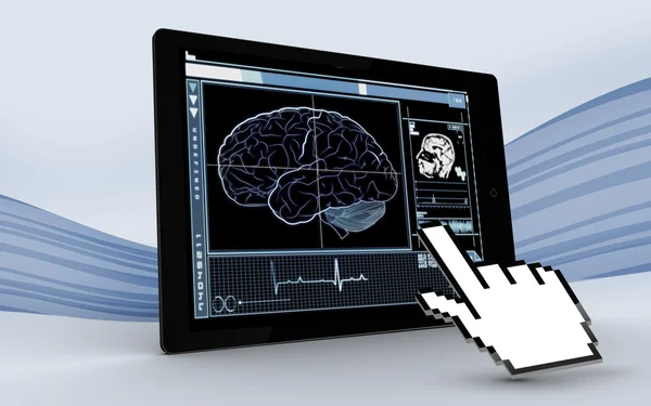 Cursor apontando para tablet mostrando interface cerebral — Fotografia de Stock