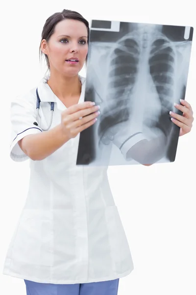 Jovem enfermeira examinando raio-X — Fotografia de Stock