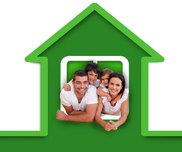 Smiling family in the green house illustration — Stock Photo, Image