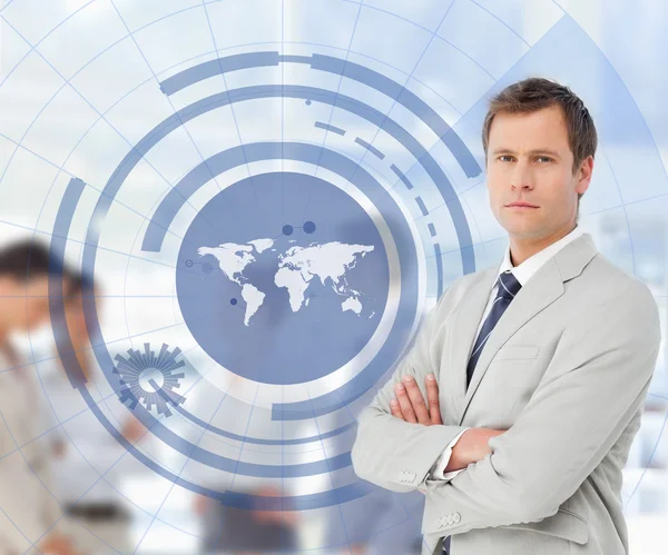 Salesman with a world map illustration — Stock Photo, Image