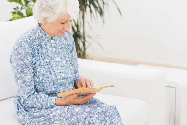 Anciana mujer tranquila leyendo un libro viejo — Foto de Stock