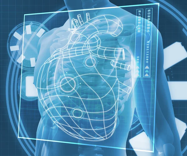 Mavi dijital vücut ile kalp diyagramı — Stok fotoğraf