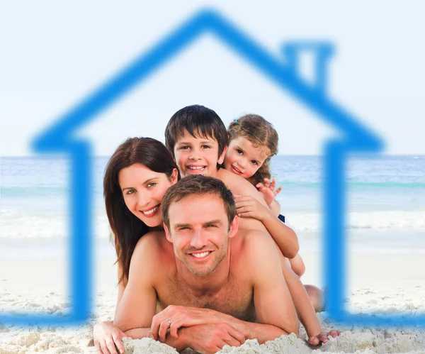 Family on the beach with blue house illustration — Stock Photo, Image