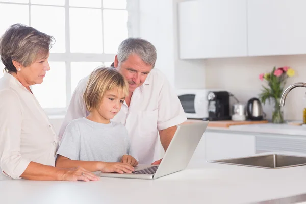 Kind und Großeltern schauen auf Laptop — Stockfoto