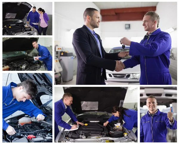 Collage de mecánica en el trabajo con el cliente feliz — Foto de Stock