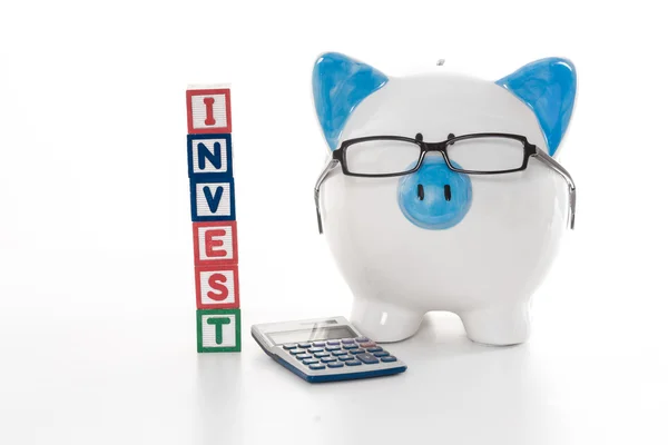 Blue and white piggy bank wearing glasses — Stock Photo, Image