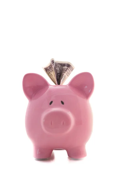 伸出粉红色的小猪银行的美元 — 图库照片