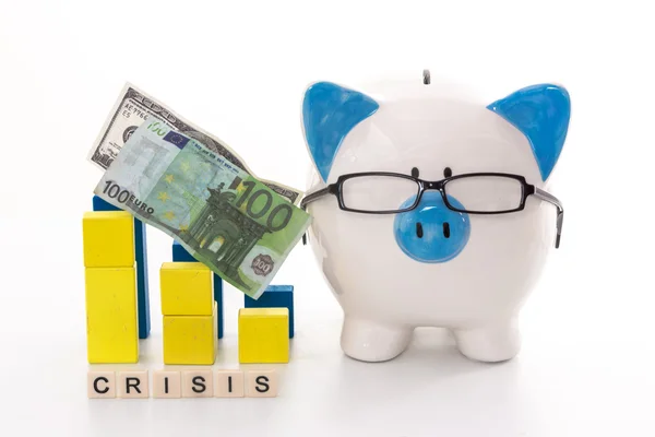 Piggy bank wearing glasses with crisis message — Stock Photo, Image