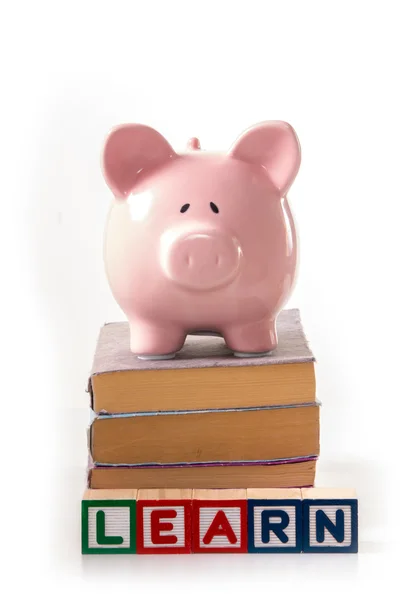 Piggy bank standing on stack of books with learn spelled out in — Stock Photo, Image