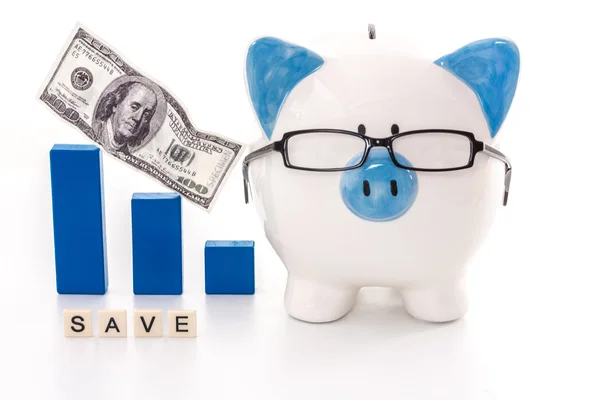 Piggy bank wearing glasses with save message — Stock Photo, Image