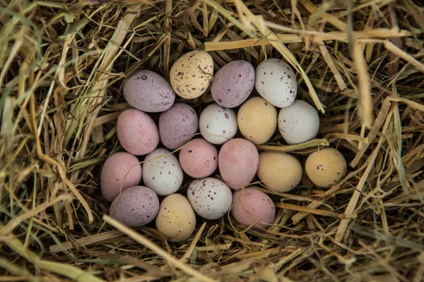 Pequenos ovos de Páscoa doces em palha — Fotografia de Stock