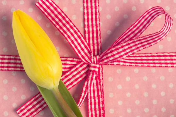 Yellow tulip resting on girly present — Stock Photo, Image