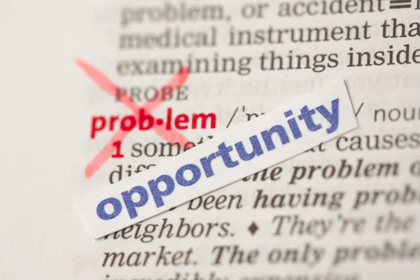 Problem definition word crossed out and replaced with opportunit — Stock Photo, Image