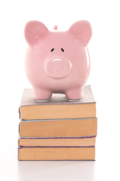 Pink piggy bank standing on stack of books — Stock Photo, Image