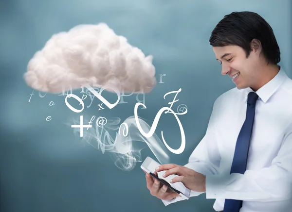 Young businessman connecting to cloud computing — Stock Photo, Image