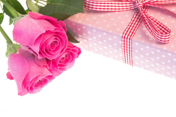 Rosa rosas descansando sobre bolinhas rosa ponto embrulhado presente com cópia s — Fotografia de Stock