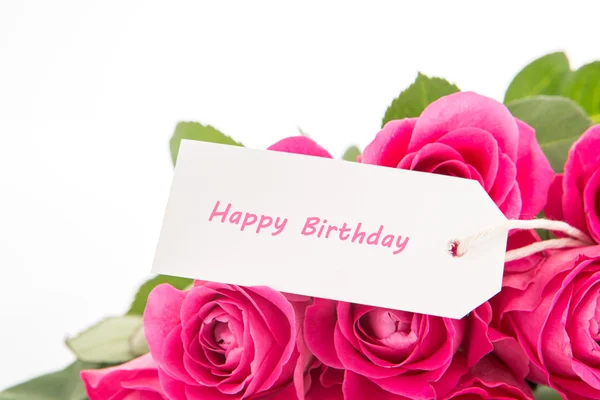 Close up of a beautiful bouquet of pink roses with a happy birth — Stock Photo, Image