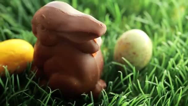 Huevos de Pascua cayendo en la hierba con conejito de Pascua — Vídeos de Stock