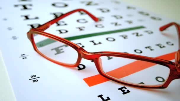 Óculos de leitura vermelhos caindo no teste de olho — Vídeo de Stock