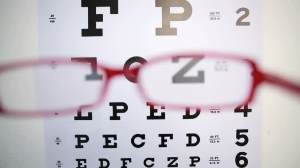 Glasses trying to read letters on reading test — Stock Video