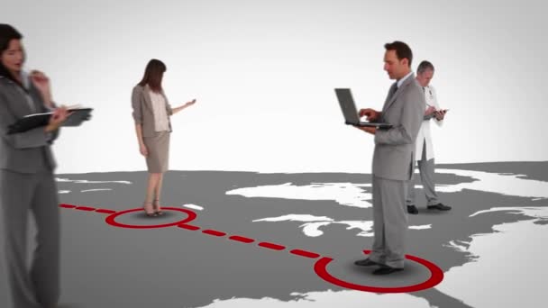 表示される画面でマップ上のビジネスの未来的なモンタージュ — ストック動画