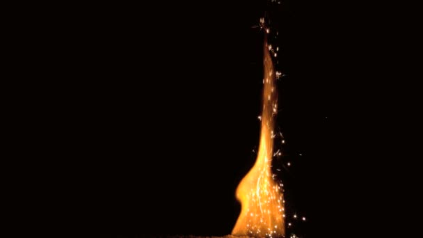 Große Flamme mit Funken auf schwarzem Hintergrund — Stockvideo