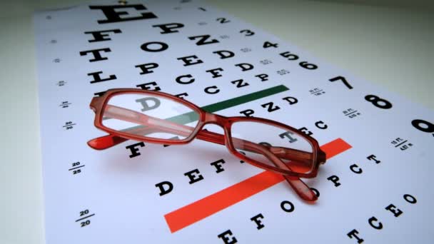 Red reading glasses falling onto an eye test — Stock Video