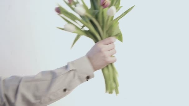 Hombre colocando racimo de tulipanes en jarrón — Vídeos de Stock