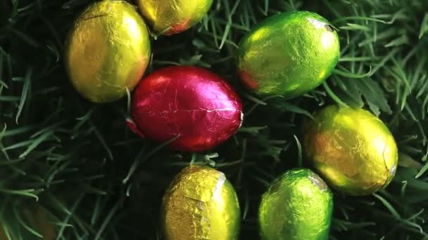 Œufs de Pâques emballés en aluminium dans l'herbe Séquence Vidéo Libre De Droits