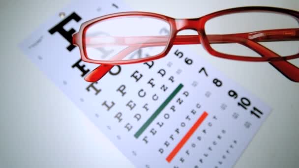 Red reading glasses falling onto an eye test overhead shot — Stock Video