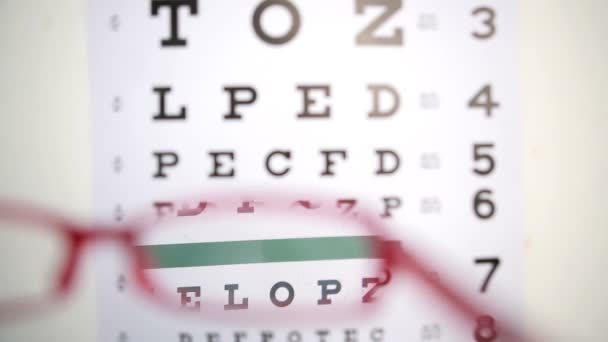 Gafas tratando de leer letras en la prueba de lectura — Vídeos de Stock