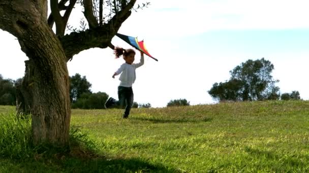 Liten flicka kör med kite — Stockvideo