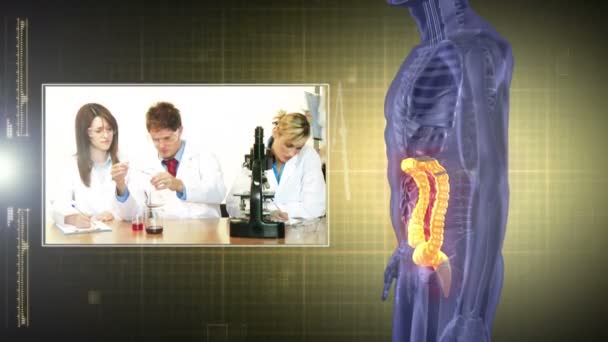 Drehende menschliche Figur mit Montage medizinischer Clips — Stockvideo