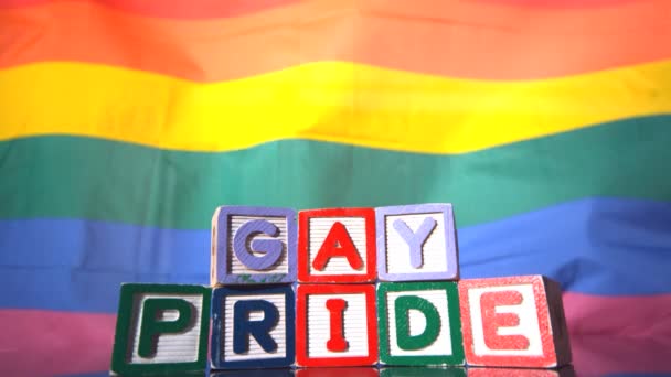 Rainbow flag moving in the breeze with gay pride blocks in front — Stock Video